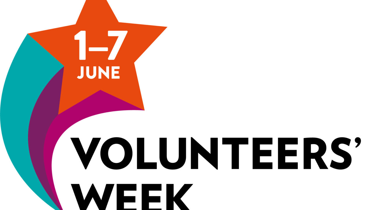 The Volunteers' Week logo has an orange shooting star with the date 1-7 June in the star. The words Volunteer's Week are in black underneath.