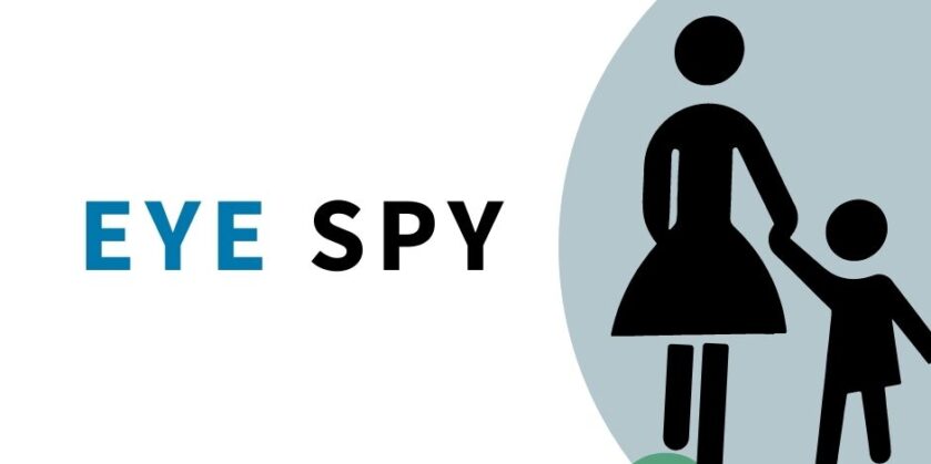 Image shows 2 stick people; one taller wearing a dress and a smaller one reaching to hold their hand in a grey bubble to the right-hand side. To the left are the words eye spy in black and blue text. To the top is the Sightline telephone befriending logo in blue with green bubbles around it.